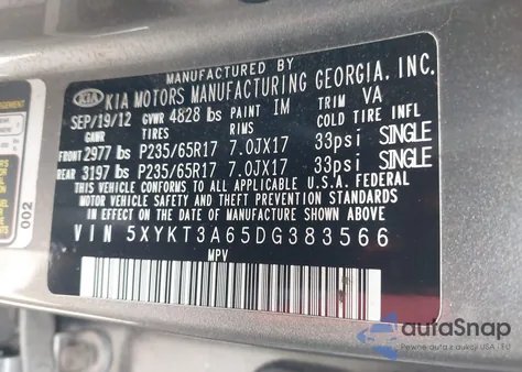 2013 Kia Sorento Lx from USA, damaged, VIN 5XYKT3A65DG383566